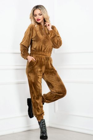 Trening trendy maron din catifea pufoasa