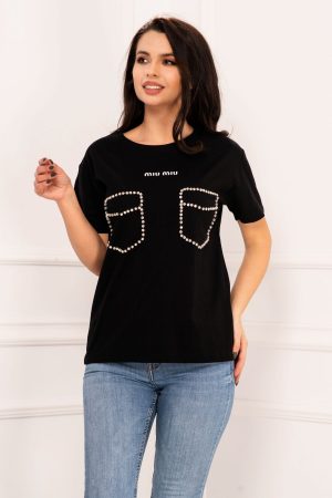 Tricou casual negru cu buzunare decorative din strass