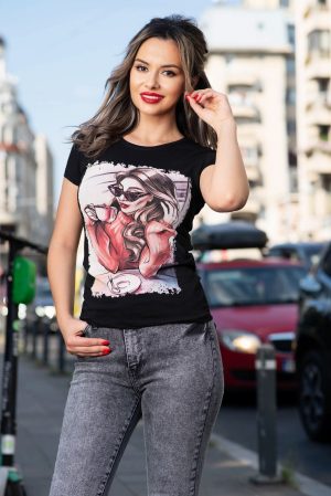 Tricou casual negru cu imprimeu coffe time