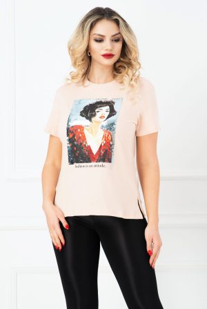 Tricou somon cu imprimeu portret si paiete