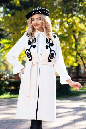 Vesta Effect lunga din stofa ivoire cu insertii la bust buzunare laterale si cordon in talie