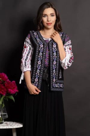 Vesta traditionala Carmela neagra cu broderie florala