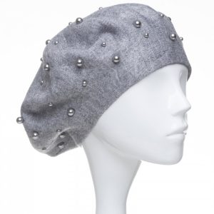 Bereta gri clasica, cu perle fine aplicate pe toata suprafata, din bumbac si lana