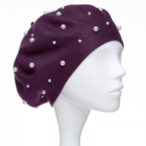 Bereta mov, cu perle fine negre aplicate pe toata suprafata, din bumbac si lana