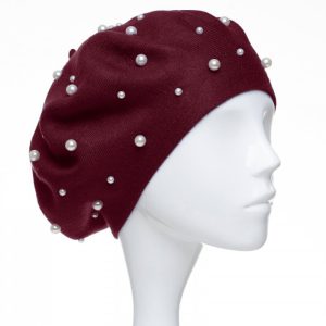 Bereta bordo, cu perle fine negre aplicate pe toata suprafata, din bumbac si lana