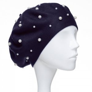 Bereta bleumarin, cu perle fine aplicate pe toata suprafata, din bumbac si lana