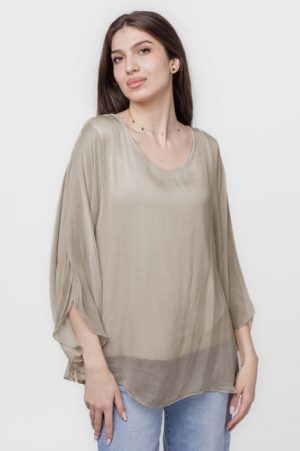 Bluza din matase si vascoza cu maneca clopot, bej inchis