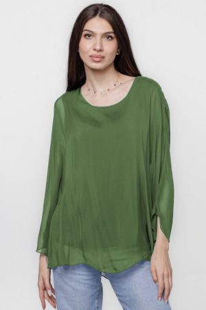 Bluza din matase si vascoza cu maneca clopot, verde oliv