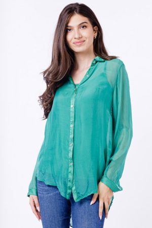 Camasa din matase si vascoza verde, cu dublura