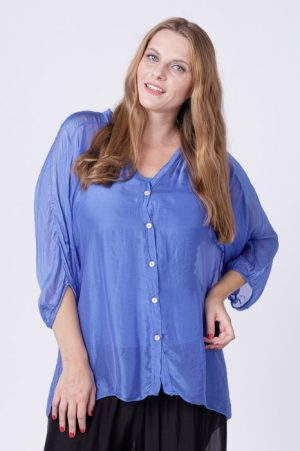 Bluza tip camasa din matase si vascoza albastru electric, cu elastic la maneci si dublura