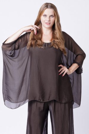 Bluza din matase si vascoza in colturi, maro inchis