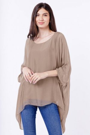 Bluza din matase si vascoza in colturi, bej inchis