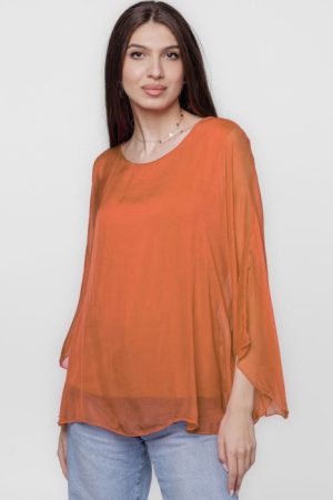 Bluza din matase si vascoza cu maneca clopot, caramizie