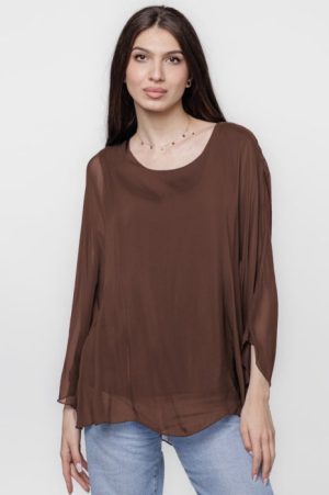 Bluza din matase si vascoza cu maneca clopot, maro