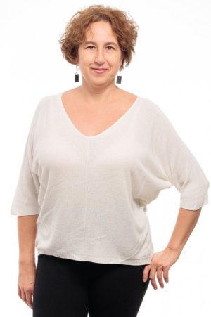 Bluza fin tricotata bob de orez, cu maneca fluture 3 4, alb