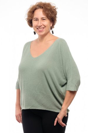 Bluza fin tricotata bob de orez, cu maneca fluture 3 4, kaki prafuit