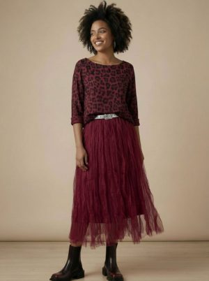 Bluza fina bordo cu imprimeu animal print din modal cu casmir