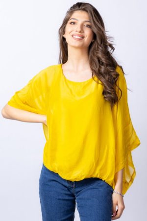 Bluza galbena din matase si vascoza cu maneca fluture