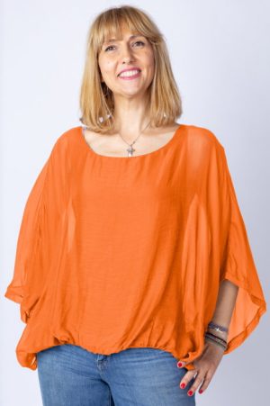 Bluza portocalie din matase si vascoza cu maneca fluture