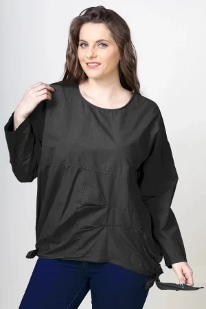 Bluza oversize din bumbac, cu maneca 1 2 si funde laterale, neagra