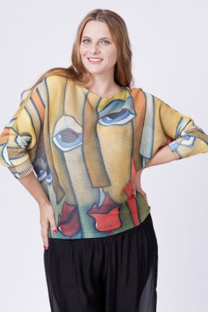 Bluza tricotaj subtire cu imprimeu stil Picasso pe fond galben