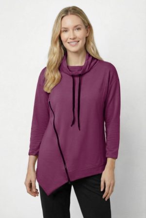 Bluza tunica cu colt, din bumbac, cu guler inalt reglabil si fermoar oblic, mov zmeura