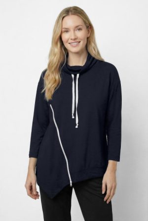 Bluza tunica cu colt, din bumbac, cu guler inalt reglabil si fermoar oblic, bleumarin