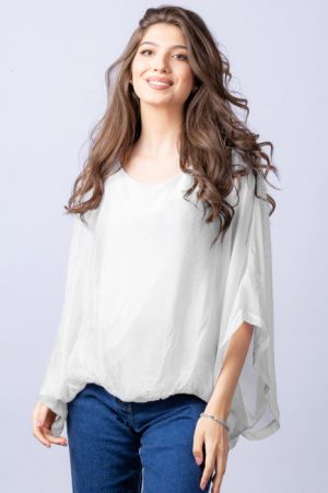 Bluza alba din matase si vascoza cu maneca fluture