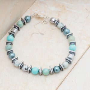 Bratara argint cu jasp kiwi, perle, amazonit si hematit