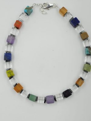 Bratara argint cu cuburi din pietre semipretioase multicolore intercalate cu cuart de stanca