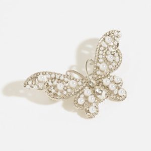 Brosa metalica argintie fluture cu perle si pietre mici, fine