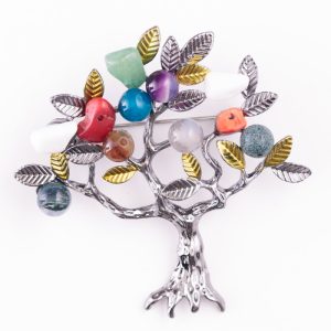 Brosa metalica argintiu inchis Pomul Vietii cu pietre naturale de carneol, coral, aveturin si agate