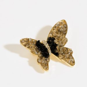 Brosa metalica fluture auriu cu petale din cristale aurii si negre fine, produs premium