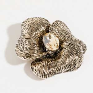 Brosa pandant metalica argintie, floare cu piatra fatetata galbuie