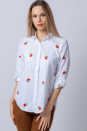 Camasa alba din bumbac broderii cu cirese