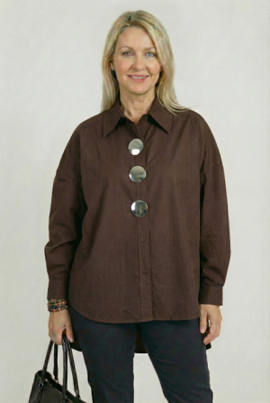 Camasa dama lejera din bumbac cu nasturi decorativi argintii metalici ,  maro