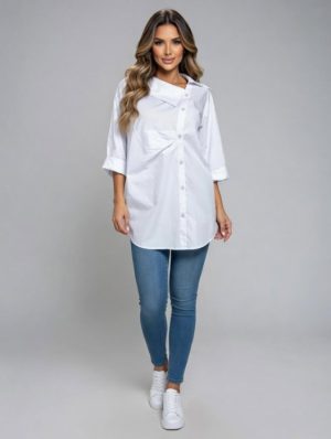 Camasa dama lejera din bumbac cu guler asimetric, alba
