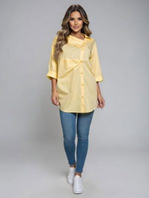 Camasa dama lejera din bumbac cu guler asimetric, galben