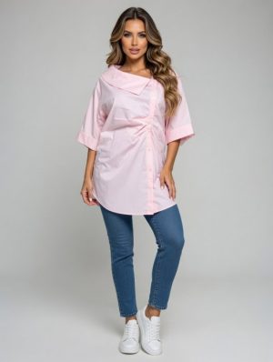 Camasa dama lejera din bumbac cu guler asimetric, roz prafuit