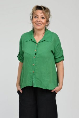 Camasa din in cu coada de randunica, verde