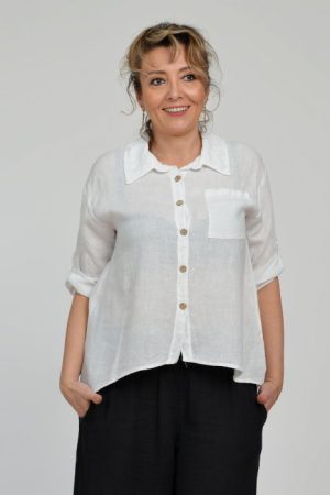 Camasa din in cu buzunar pe piept, alba
