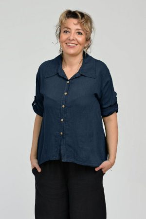 Camasa din in cu coada de randunica, bleumarin