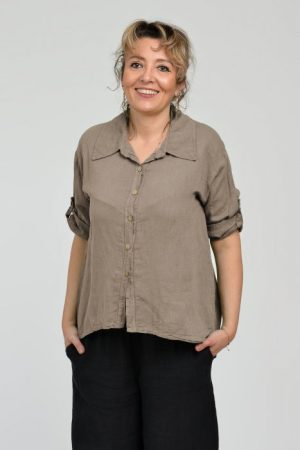Camasa din in cu coada de randunica, bej inchis