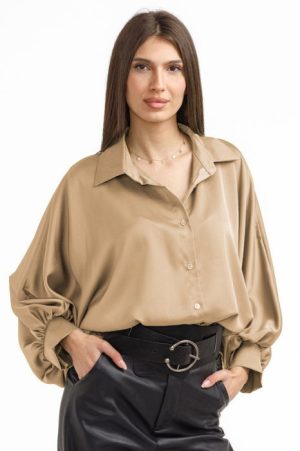 Camasa eleganta din satin, cu maneci bufante, cappucino