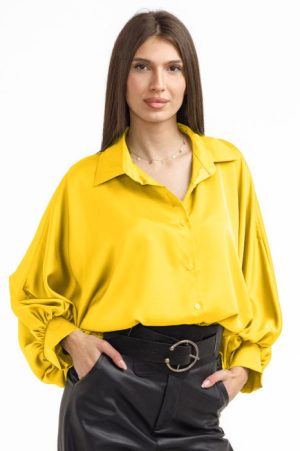 Camasa eleganta din satin, cu maneci bufante, galbena