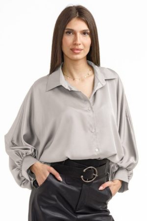 Camasa eleganta din satin, cu maneci bufante, gri deschis