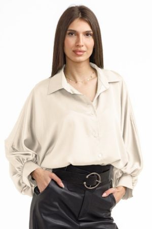 Camasa eleganta din satin, cu maneci bufante, ivoire