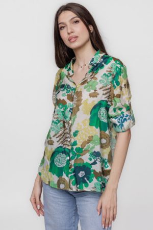 Camasa subtire din vascoza, cu guler clasic si imprimeu floral in nuante de verde