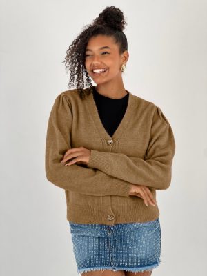 Cardigan cu decolteu in V, din tricotaj camel cu nasturi decorativi aurii