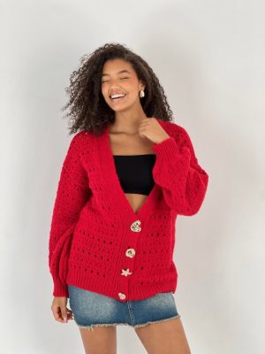 Cardigan cu decolteu in V, din tricotaj rosu cu nasturi decorativi aurii